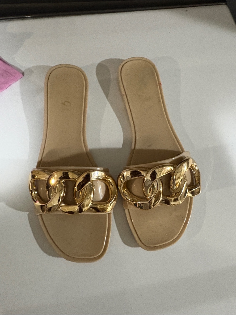 Rouge! Beige Slide Sandals with Gold Chain Accent